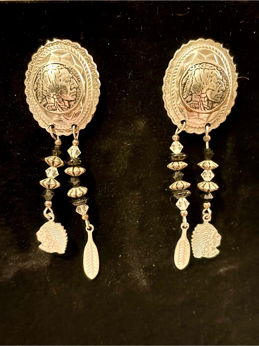Vintage Native American Concho Indian Head Feather Dangle Earrings